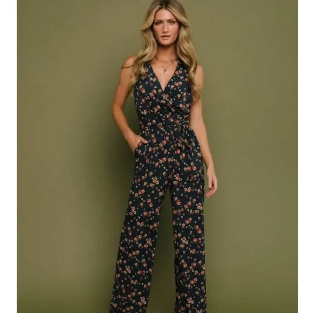 NEW Baltic Born Ashlyn Jumpsuit 1X Navy Floral Wrap Belted Wide Leg Plus Boho - Picture 2 of 11